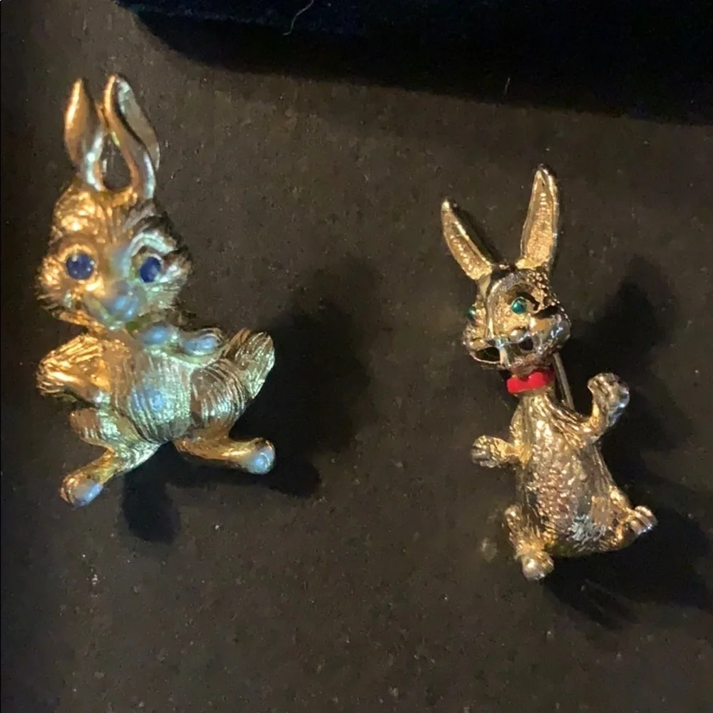 Two Gold Tone Bunny Pins One w/green eyes/blue eye